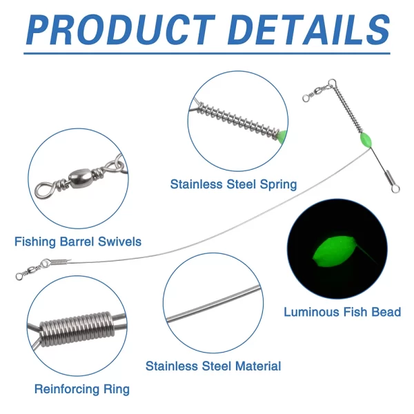 5Pcs Fishing Wire Leader Rigs Stainless Steel Fishing Rigs with Barrel Swivels Glow Beads Fishing Lures Baits Hooks Connector - Hình ảnh 3